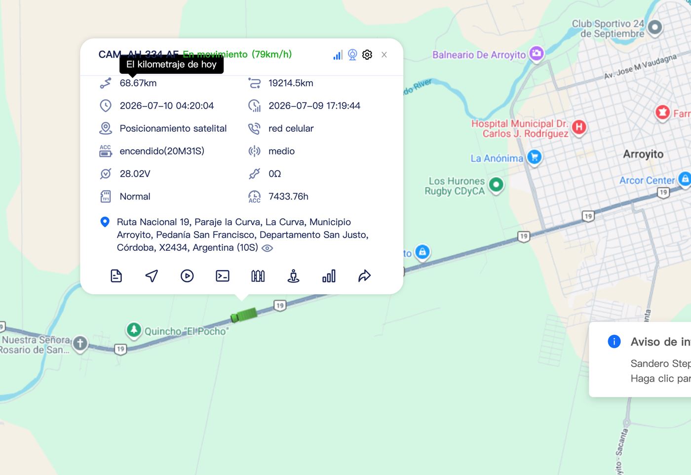 Plataforma real: unidad en movimiento a 79 km/h sobre la Ruta Nacional 19 con todos sus datos en vivo